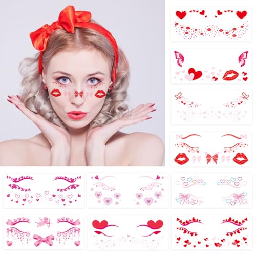 10 Sheets Valentine Makeup Temporary Face Tattoo Sticker Heart Lips Kiss Women Face Body Art Decals Wedding Party Decorations Supplies