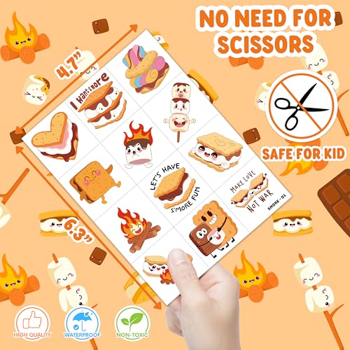 96 PCS Funny Smore Pre-Cut Temporary Tattoos for Kids | Supper Cute Marshmallow Themed Birthday Party Favors, Supplies, Decorations, Camping Fake Tattoo Stickers, School Rewards Gifts & Boys & Girls