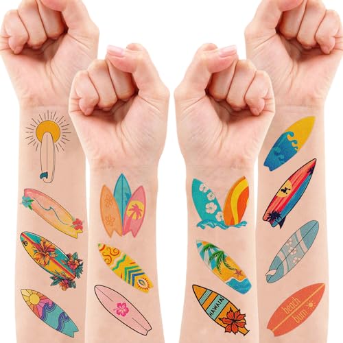 110 PCS Summer Surfing Surf Surfboard Temporary Tattoos Sticker Ocean Surfer Beach California Hawaiian Themed Birthday Party Decorations Favors Supplies Gifts Girls Boys Cute Tattoo School Reward