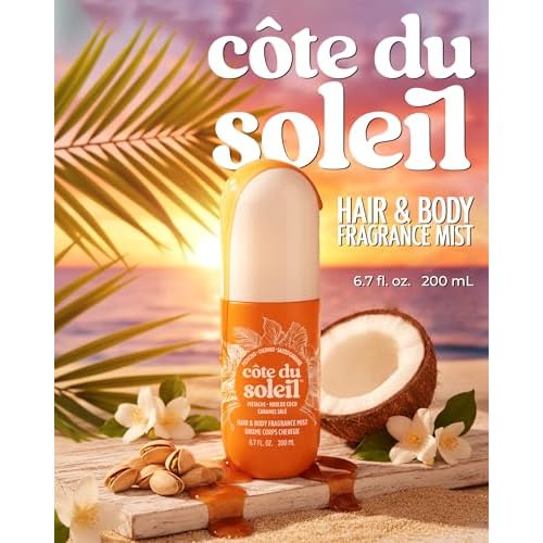 PB ParfumsBelcam C?te du Soleil Pistachio Coconut Caramel Hair & Body Fragrance Mist ? Warm Beachy Gourmand Spray with Jasmine ? All Day Hair Perfume & Refreshing Body Spray, 6.7 fl.oz