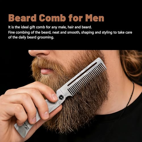 Men's Metal Folding Pocket Beard & Mustache Comb, EDC Knife Comb with Bottle Opener for Outdool Travel - Anti-Static for Hair Styling Pompadour, Slicked-back, Fauxhawk, Undercut