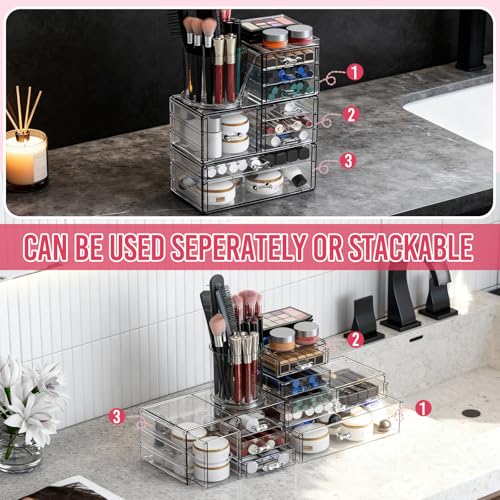 ShineMe Clear Makeup Organizer, 3 Tier Stackable Makeup Storage Organizer with Rotating Brush Holder & 9 Drawers, Acrylic Countertop Makeup Organizer for Vanity Skincare Jewelry and Hair Accessories