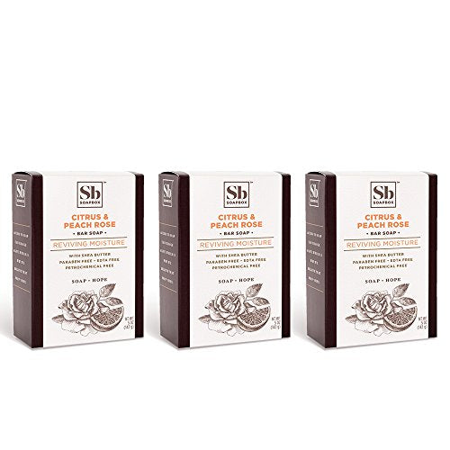 Soapbox Bar Soap, Moisturizing & Exfoliating Bar Soap with Shea Butter & Olive Oil - Citrus & Peach Rose Scented Bath Soap, Natural, Eco-Friendly, Vegan for Hands and Body - Paraben, Gluten & Cruelty Free 5oz. (Pack of 3)