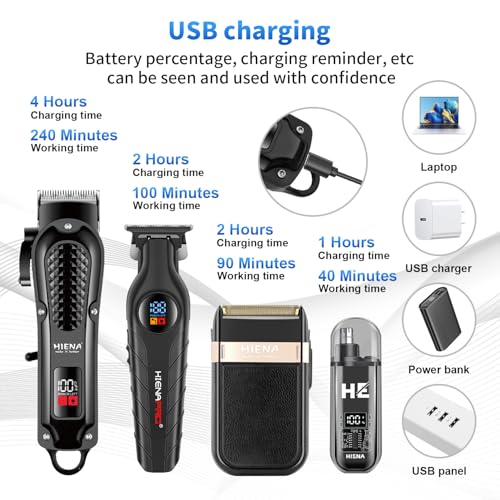 HIENA PRO Professional Cordless Hair Clippers for Men, Beard Trimmer & Elecatric Shaver & Nose Hair Trimmer Set, Rechargeable Barber Hair Cutting Grooming Kit