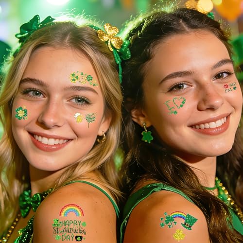 160pcs St Patricks Day Temporary Tattoos Glitter Shamrock Face Tattoos Clover Body Stickers for Irish Party Favors Parades Accessories Saint Patricks Day Decorations(st160)