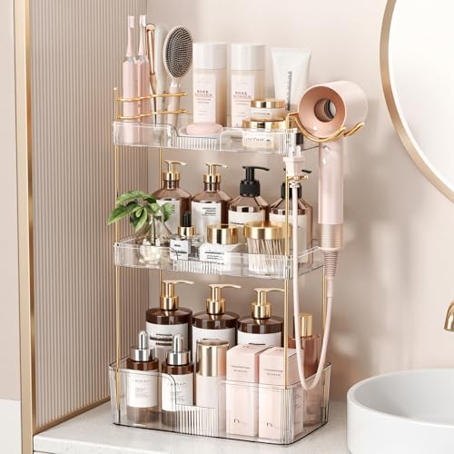 Bathroom Counter Organizer for Vanity, Makeup Organizer Countertop with Holder, Large Capacity Storage Rack, Perfect Large Skincare, Hair Care, Perfume, Easy to Install (Clear, 3Tiers)