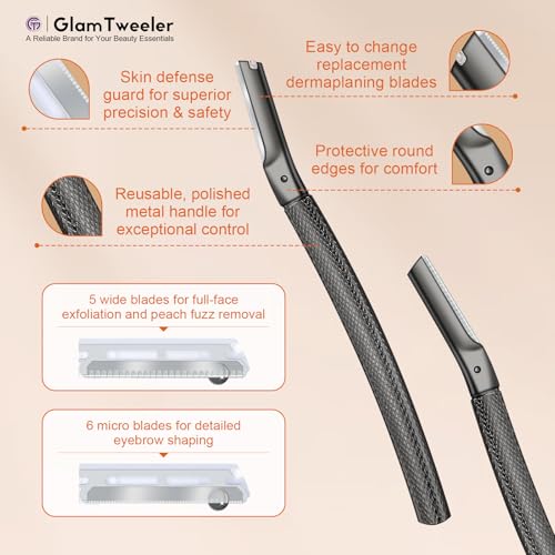 Women's Dermaplane Face & Eyebrow Razor Kit with GlamTweeler Slant Tweezers, Spoolie Brush, and Luxury Leather Storage & Travel Case + 10 Refill Blades (Black)
