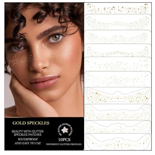 10 PCS Glitter Freckles Face Tattoo - 10 Style Shapes Gold Face Glitter Speckles for Festivals, Parties, Raves, and Cosplay - Long-Lasting Waterproof Sparkling Face Stickers for Makeup