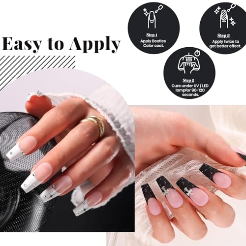 Beetles Black White Gel Polish Set - 4Pcs Gel Polish Kit Black White Colors Gel with No Wipe Top & Base Coat Nail Kit Soak Off UV LED Lamp Manicure Salon DIY Home