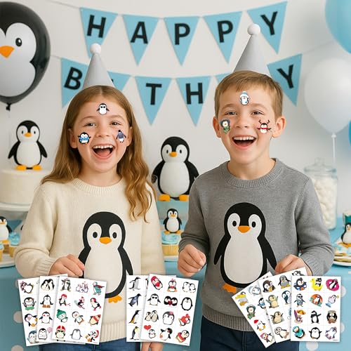 96 PCS Funny Summer Penguin Pre-cut Temporary Tattoos Sticker Animal Polar Birthday Party Decorations Supplies Favors Gifts Girls Boys Prizes Cute Tattoo School Reward Themed Christmas Winter