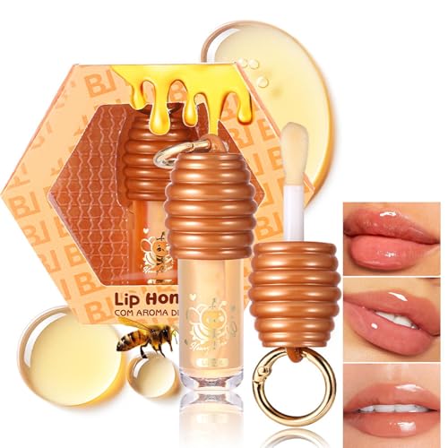 Honey Hydrating Lip Oil,Cute Lip Gloss Keychain,Clear Lip Oil for Women,Lip Gloss Flavoring Oil With Vitamin E Moisturized Shiny Lips for Girls