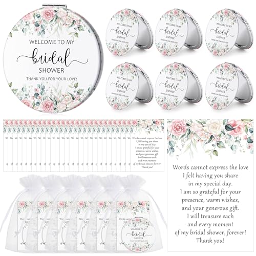 XunYee 24 Sets Bridal Shower Favors for Guests Flower Design Makeup Mirrors Leather Compact Mirrors Bridal Thank You Cards with Organza Bags Bridesmaid Gifts Wedding Party Favors Supplies (Pink)