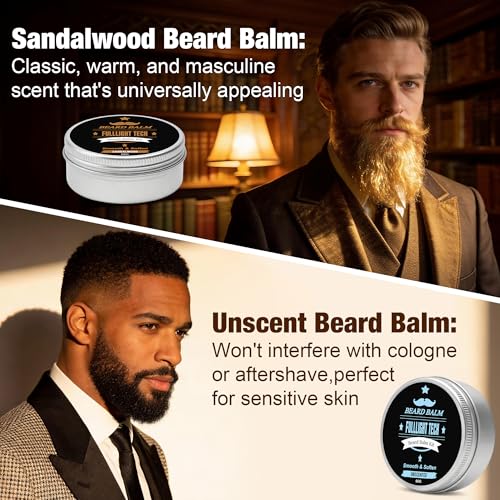 Beard Balm,2 Oz Sandalwood & 2 Oz Unscented Balm -Coconut & Argan & Jojoba Oils,Shea Butter- Styles, Hydrates & Smooths Beards & Mustaches,Beard Styling Balm for Mens Gifts for Men