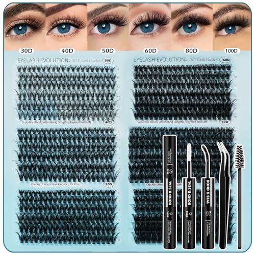 Lashes Clusters Kit,708PCS Fluffy Lash Clusters 30D-100D,8-16mm C Curl 0.07mm Soft Individual Cluster Lashes with Bond & Seal for Natural, Fluffy or Volume Look