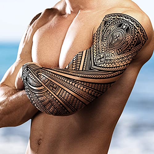 2 x Temporary tattoo turtles stick on black maori tribal body art sticker transfer for arms shoulder Aztec Polynesian Samoan Hawaiian for adult men and women luau party fancy dress