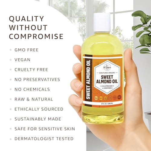 ORGANIC SWEET ALMOND OIL (8 oz) Premium Cold Pressed Unrefined | 100% Pure Sweet Almond Oil for Skin, Face, Hair, Soap Making | Carrier for Essential Oils | Available in Bulk | 8 FL OZ