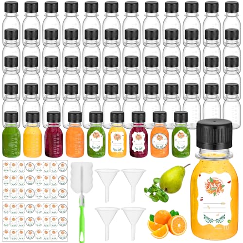 LemonRoad 100 Pcs 2oz Small Plastic Juice Bottles with Black Cap Mini Reusable Clear Shot Jar with Lid Scale and Label for Ginger Liquid Drink Milk Beer Coffee Storage Container Portable Travel