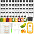 LemonRoad 100 Pcs 2oz Small Plastic Juice Bottles with Black Cap Mini Reusable Clear Shot Jar with Lid Scale and Label for Ginger Liquid Drink Milk Beer Coffee Storage Container Portable Travel
