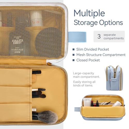 Travel Makeup Bag for Women, Large Capacity Waterproof Cosmetic Organizer with Divider & Handle, Portable Open Flat Toiletry Pouch for Travel Accessories (Blue)