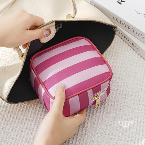 Small Stripe Makeup Bag for Purse, Mini Cosmetics Bag with Zipper, Cute Cosmetic Pouch for Women Girls, Key Pocket Lipstick Pouch Card Holder Data Cable Organizer(01 Rose Pink Stripes)