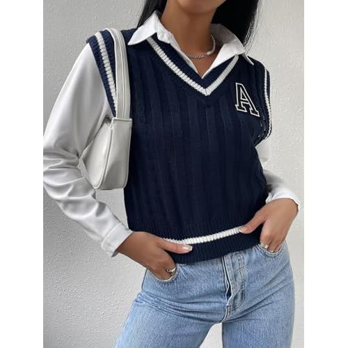 Floerns Women's V Neck Letter Striped Trim Sleeveless Sweater Vest Knit Top