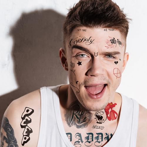 4-Sheet Rapper-Inspired Temporary Tattoos - Face & Body Hip-Hop Tattoo Stickers for Men, Women and Kids - Waterproof Fake Tattoos for Cosplay, Halloween, and Parties