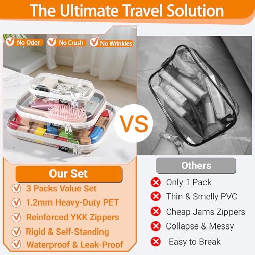 Hard Sided Clear Zipper Case for Storage- Professional-Grade Plastic Clear Zipper Pencil Case,Toy Storage Bins, Toiletry Pouch, Travel Organizer, Cosmetic Bag£¨White,3 Pack, LMS£©