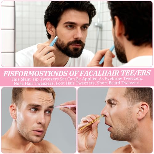 16 Pcs Slanted Tip Tweezers Set for Facial Hair Removal, Stainless Steel Precision Tweezers Bulk for Men Women Eyebrows, Ingrown Hair, Lash Extension