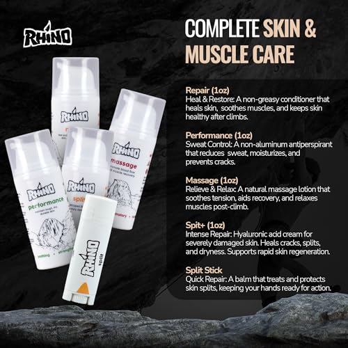 Rhino Skin Starter Kit Bundle - Climbing Skincare 5-Piece Set with Hand Cream, Lotion, Conditioner, Antiperspirant, and Balm | For Dry and Cracked Hands | Travel Size Hand Creams with Handmade Pouch