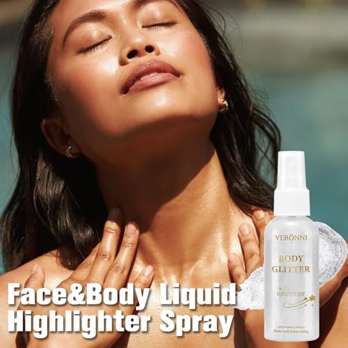 Body Glitter Spray for Face Hair Body, Silver White Body Shimmer Spray Sparkle Powder, Long Lasting and Quick-Drying Highlight Glitter for Stage, Festival, Party and Makeup