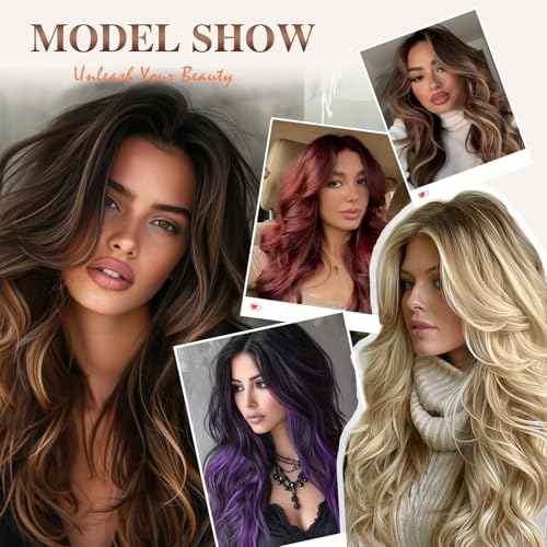 Platinum Blonde Highlight Ombre Light Brown Wig Long Wavy Layererd Wigs with Curtain Bangs for White Black Women,Synthetic Blonde Highlight Layered Wig for Daily Party Use 24Inch