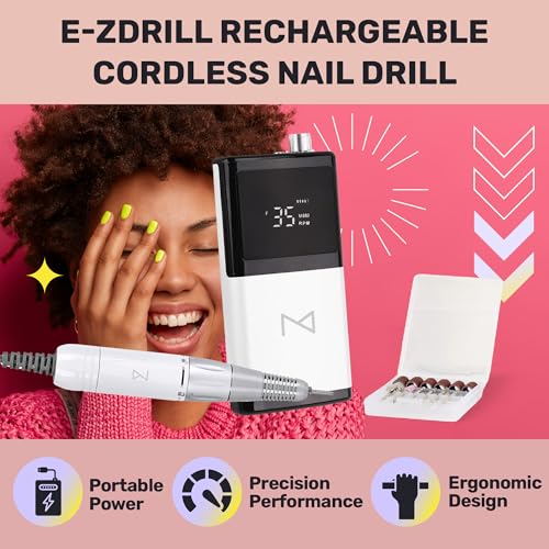 M - E-ZDrill Rechargeable Electric Nail Drill, 35k RPM, Smart Speed & Battery LCD, Portable Lightweight, Forward/Reverse, Aluminum Metal, Acetone Resistant Nail Drill (White)