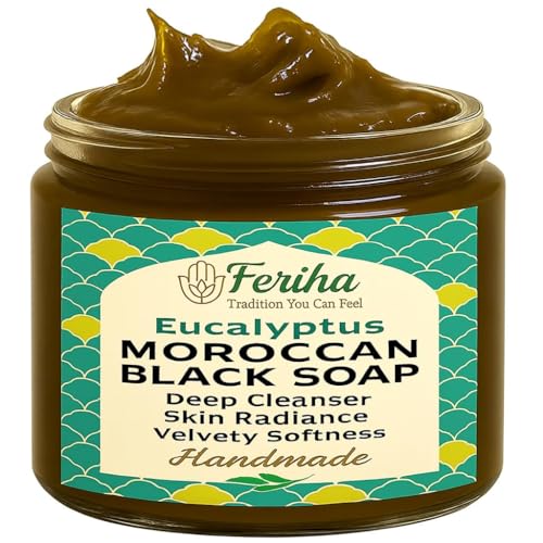 FERIHA Moroccan Black Soap Hammam with Eucalyptus ? Exfoliating Beldi Spa Paste, Natural Olive Cleanser, Body Scrub & Deep Skin Cleanser ? 7oz (Made in Morocco)