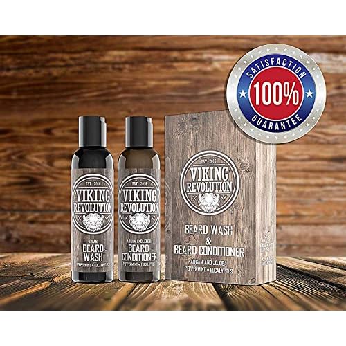 Viking Revolution Beard Shampoo and Conditioner Set - Top-tier Beard Care Kit with Argan & Jojoba Oils for Healthy Beard Growth, No Itching or Irritation, Rich Lather, Eucalyptus Scent (10 oz)