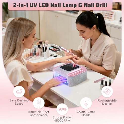 2-in-1 Rechargeable Cordless UV LED Nail Lamp & Electric Nail Drill Kit with Auto Sensor, LCD Display,45000 RPM Professional Gel Nail Dryer Machine for Home Salon Use & Training Nail Art Practice