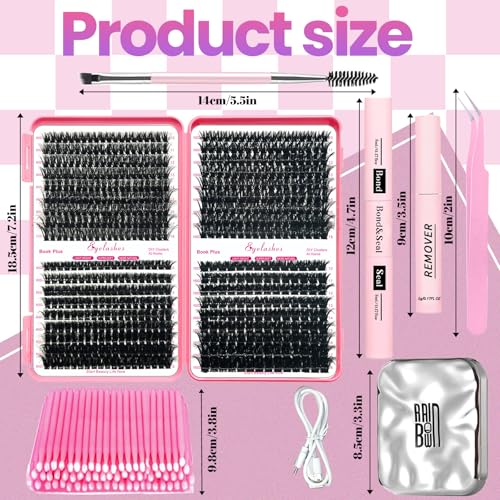 DIY Lash Clusters Kit with 630pcs Lashes Clusters,1X/2X Magnification Compact Mirror with Light,Lash Bond and Seal,Eyelash Remover Tweezers Applicator Mascara Brush(60-80-100-150D)