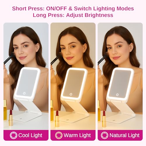 EASEHOLD Lighted Travel Makeup Mirror with 72 Light,1X/3X Magnification,Rechargeable Dimmable Touch Screen,Foldable Adjustable Height & Angle, Compact Magnifying LED Mirror for Women Teens