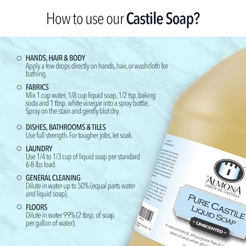 Pure Castile Liquid Soap, PEPPERMINT, 1 Gallon - Multipurpose: Hands, Face, Body, Laundry, Dishes & More - For Sensitive Skin, Natural Ingredients, Scented with Essential Oils