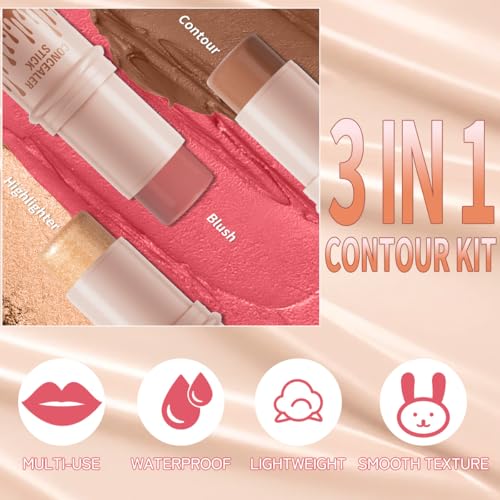 3Pcs Cream Contour Sticks Kit, Highlighter Stick Blush Stick Cream Contour Kit Makeup Set with Brush,Face Brightens & Shades Contour Stick Waterproof for Women