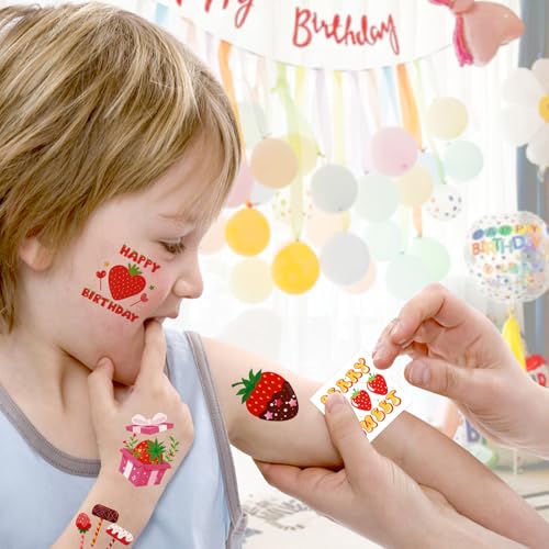 Konsait Strawberry Tattoos, 96Pcs Berry Sweet Strawberry Shortcake Birthday Party Decorations Tattoos, Strawberry Party Decorations & Strawberry Goodie Bag Stuffers, 48 Design