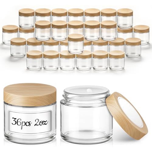 2 oz Glass Jars with Lids, 36 Pack Clear Small Glass Jars with Woodgrain Lids Leakproof Round Airtight Empty Cosmetic Travel Containers with Inner Liners for Lotions Powders and Candle Making