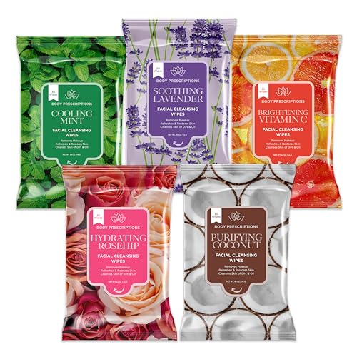 Body Prescriptions Makeup Remover Wipes - Bulk Pack, Gentle Cleansing Wipes for Easy Makeup Removal, Mint, Rosehip, Vitamin C, Lavender & Coconut