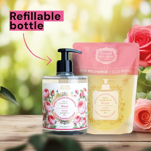 Panier des Sens - Rose Marseille Liquid Hand Soap + 2 Hand Soap Refills - Moisturizing Soap with Coconut Oil - Bathroom & Kitchen Foaming Soap - 96% Natural Ingredients Hand Wash - 50.7 Fl.oz