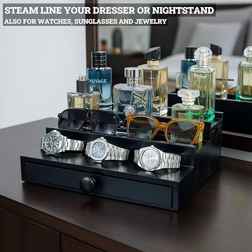 Classic Wooden Cologne Organizer for Men 3 Tier | Black Perfume Holder Shelf for Dresser | High Grade Velvet Lining and Stylish Gift Box | Uncluttered Design Perfume Display Stand