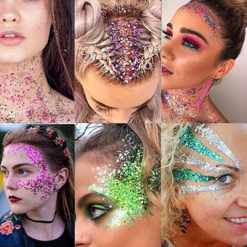 12 Vibrant Shades Face & Body Glitter Gel Set - Long Lasting Cosmetic Glitter for Festival Makeup, Hair Sparkles, Carnival Parties - Waterproof Non-Irritating