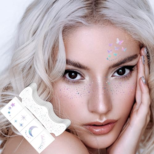 40pcs Glitter Freckles Face Tattoo, Holographic Face Glitter Sparkle Freckles Temporary Tatttoos for Women Girls, Waterproof Fake Freckles, Festival Rave Outfits Festival Decorations (Holographic)