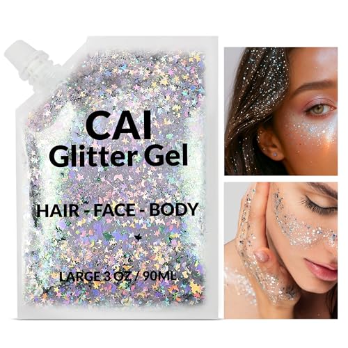Face, Body & Hair Glitter Gel ? Rave Glitter for Kids and Women ? 3 Oz Cosmetic-Grade Gel w/Moon & Stars for Festivals & Halloween Party, Easy Apply & Wash Off - Silver 1Pack