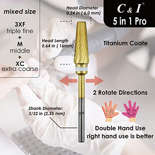 C & I 5 in 1 Nail Drill Bit, Mixed Sizes Edition, Cross Teeth, 2 Way, Professional Multi-function Nail Drills for Electric Manicure Drill Machine, Shank 3/32¡± (Pro)