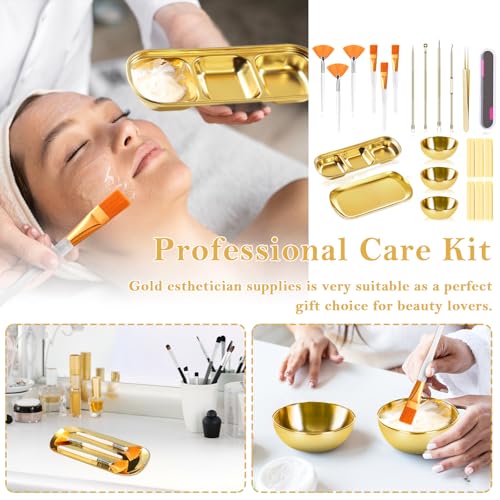 29 Pcs Esthetician Supplies 6 Blackhead Remover Tools 3 Stainless Steel Gold Mixing Bowls 3 Compartment Serving Tray Gold Small Serving Tray 3 Facial Fan Brushes 3 Face Mask Brush 12 Facial Sponges