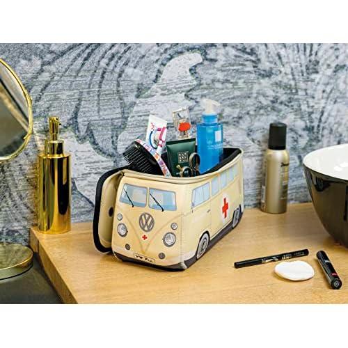BRISA VW Collection - Volkswagen Neoprene Universal Makeup Cosmetics Toiletry Travel Pharmacy Bag in T1 Bus Design (Ambulance/Beige) (Large (11.8 x 5.5 x 4.7 inches))